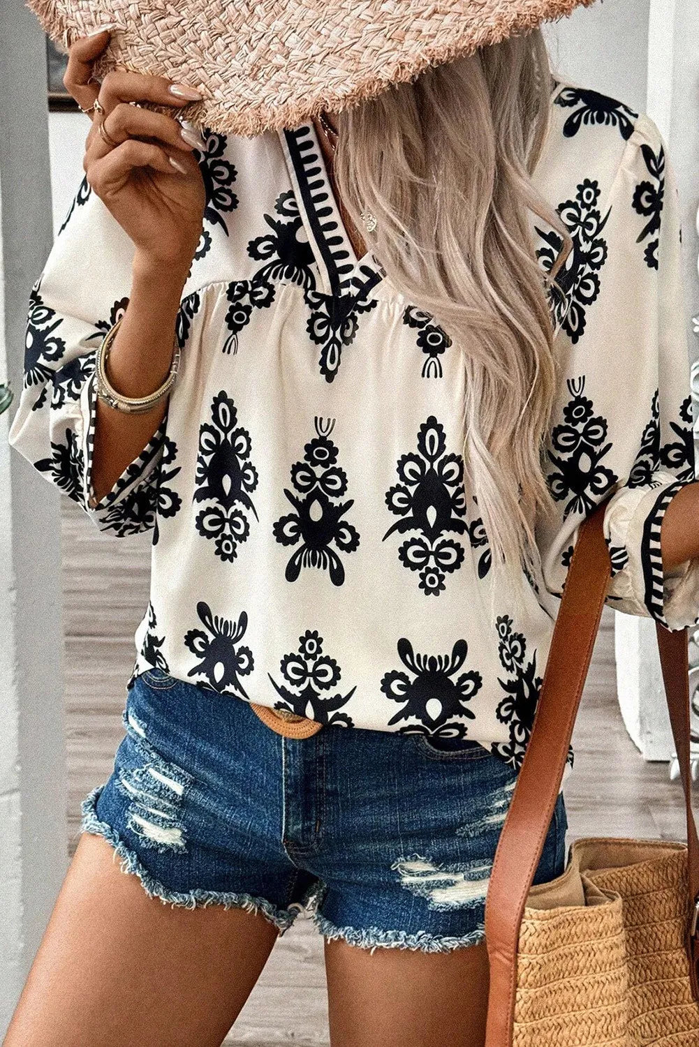 Boho Printed V-Neck Blouse