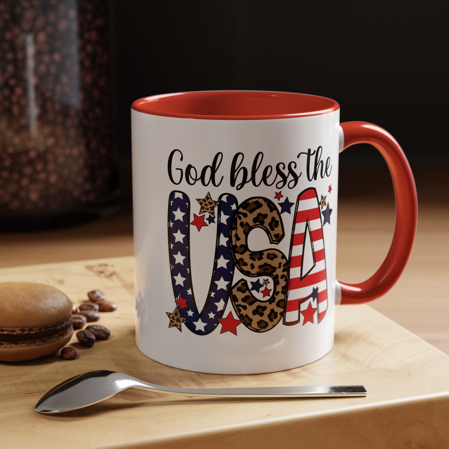 God Bless the USA Accent Coffee Mug – Patriotic Stars & Leopard 11/15oz