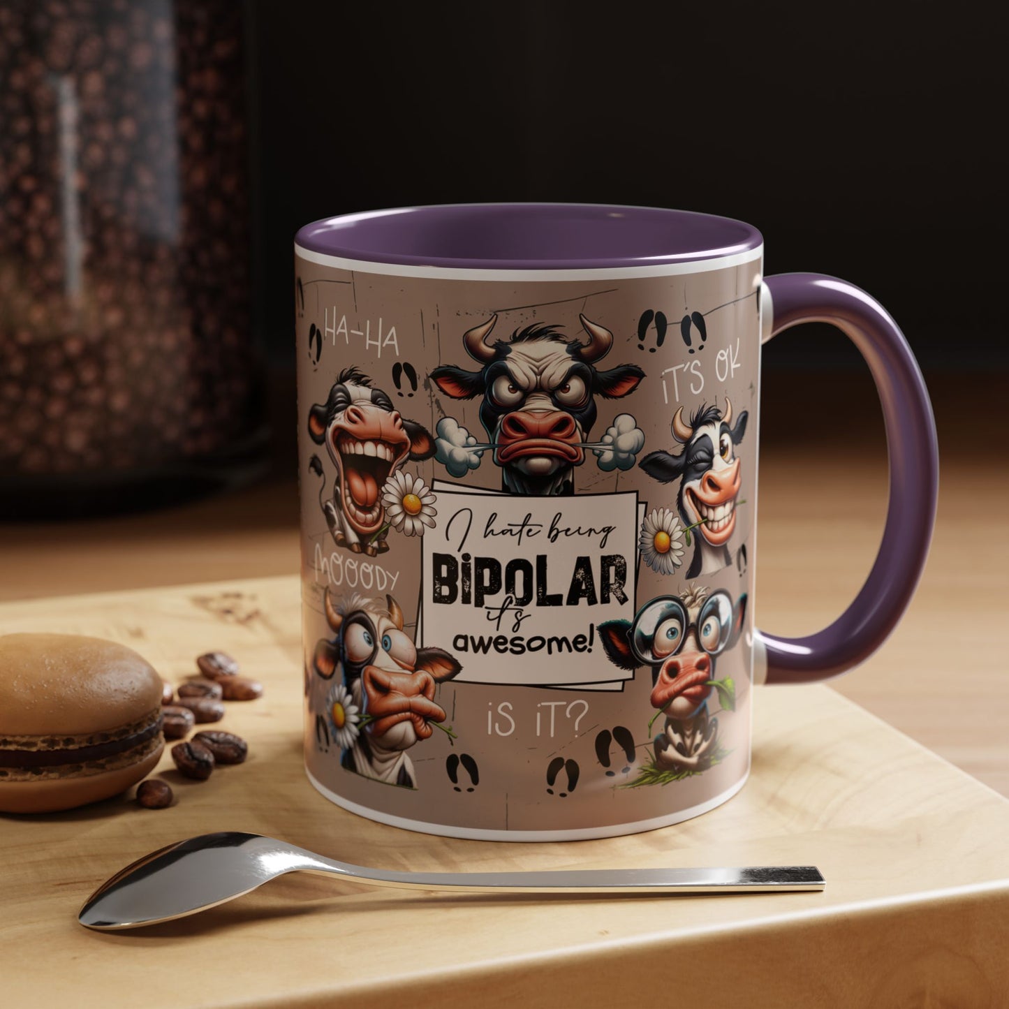 Bipolar Cow Funny Accent Coffee Mug — Humorous Mood-Flip Cow (11oz)