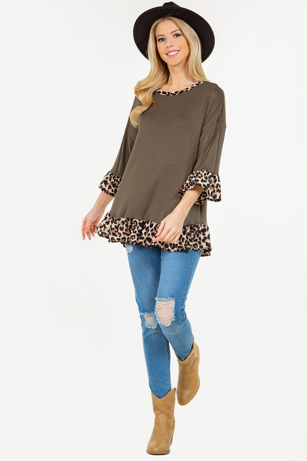 Celeste Flounce Sleeve Leopard Trim Top