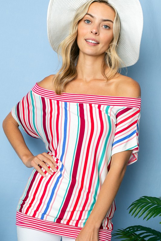 Multi Stripe Off Shoulder Top-Plus