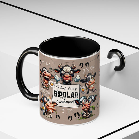 Bipolar Cow Funny Accent Coffee Mug — Humorous Mood-Flip Cow (11oz)
