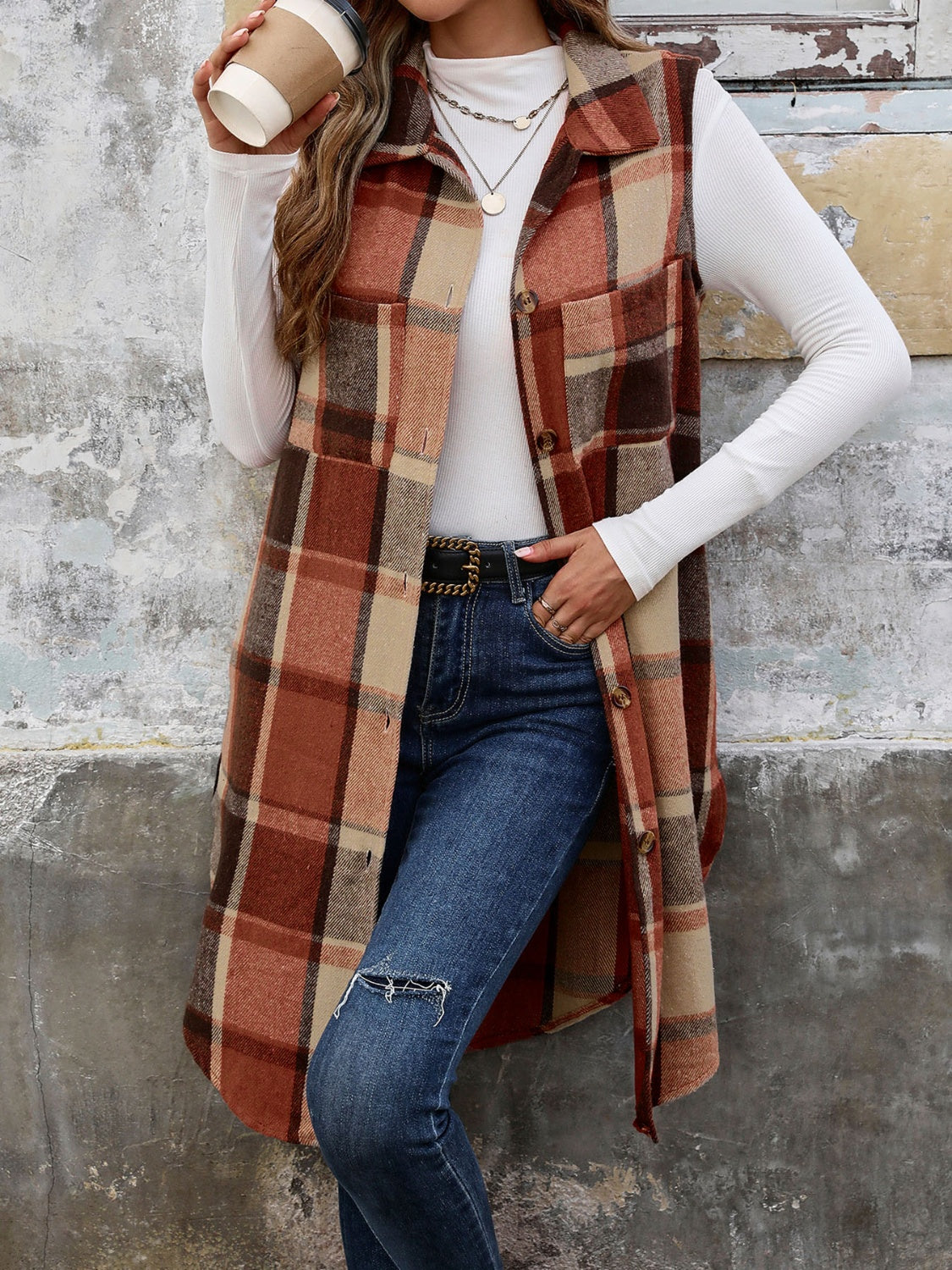 Button Up Plaid Vest With Pockets