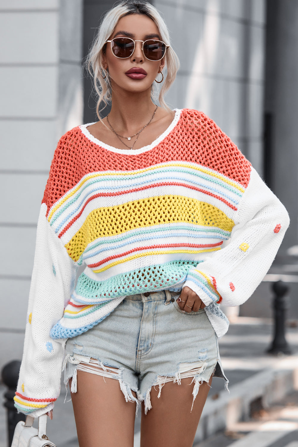 Hollow Striped Color Block Sweater