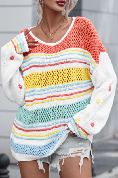 Hollow Striped Color Block Sweater