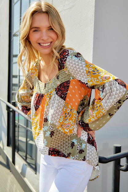 Patchwork Balloon Sleeve Blouse