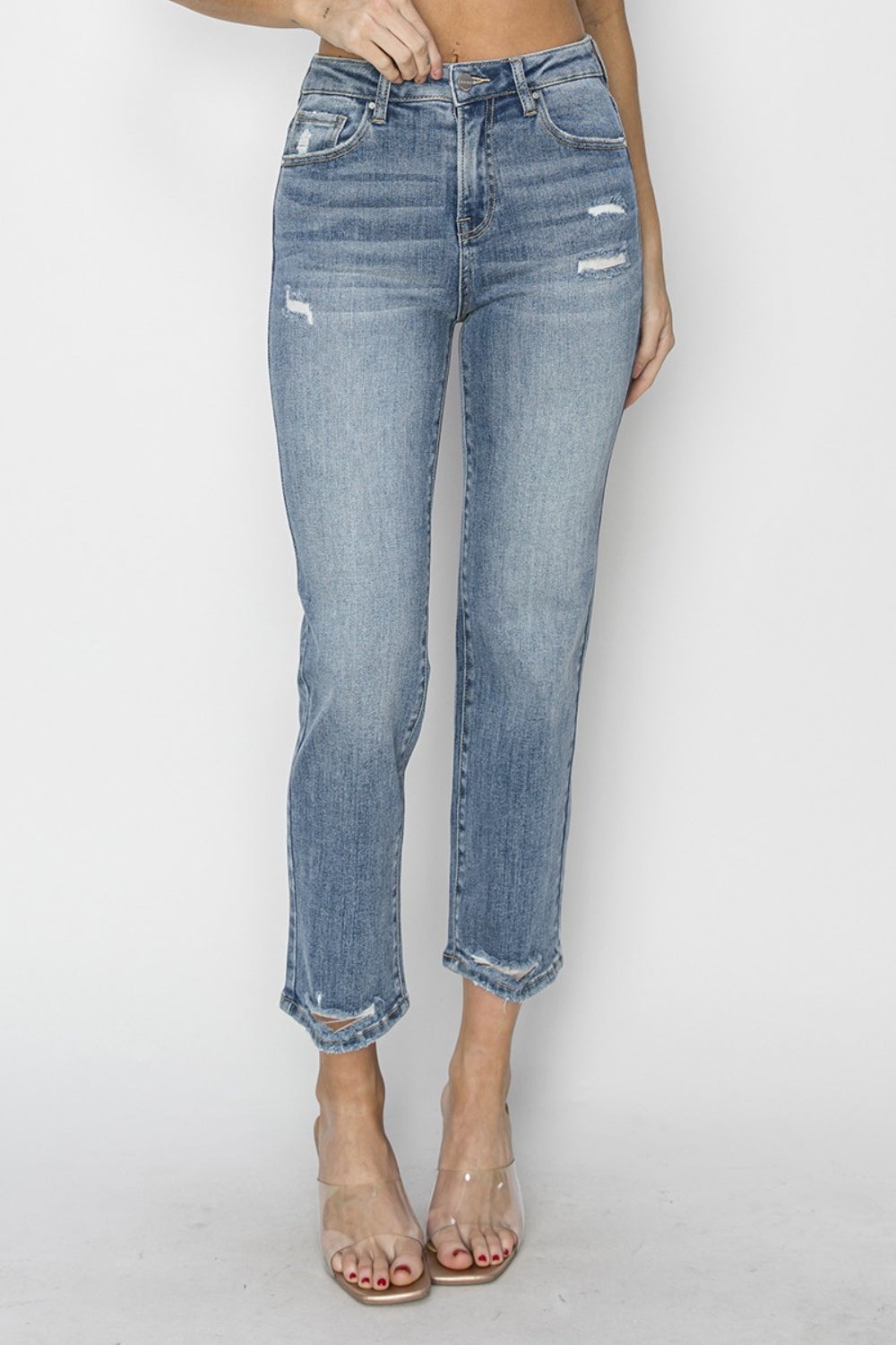 RISEN  High Waist Distressed Cropped Jeans