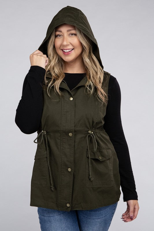 Drawstring Waist Military Hoodie Vest-Plus