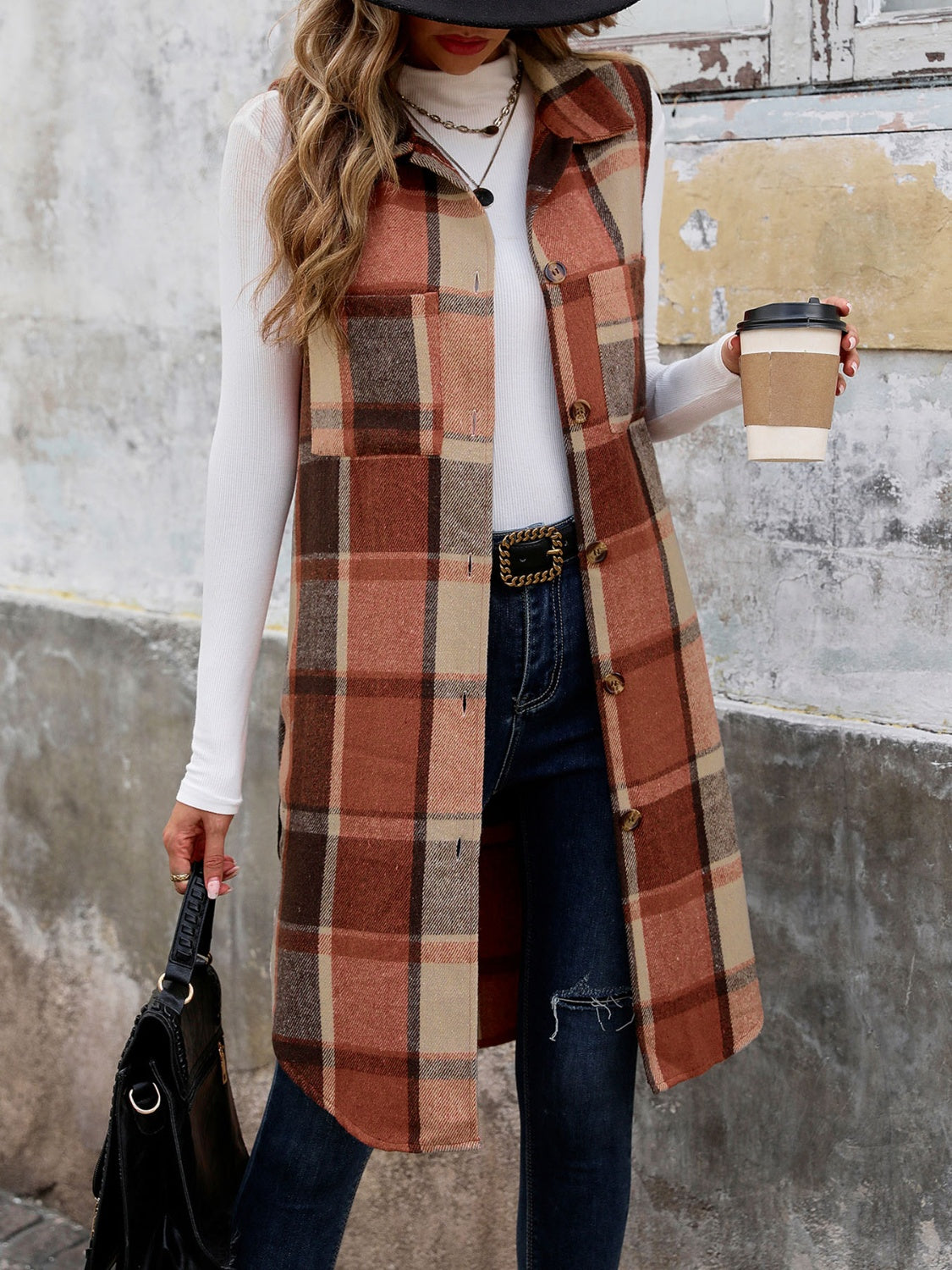 Button Up Plaid Vest With Pockets