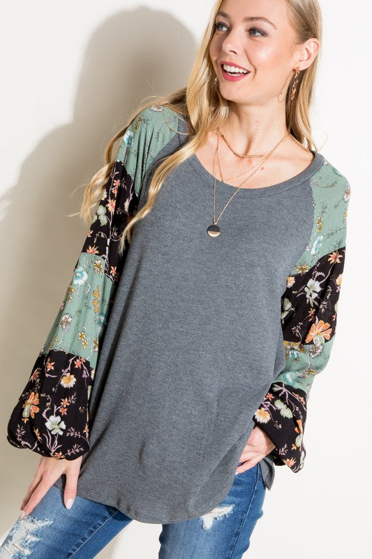 Floral Mixed Puff Long Sleeve Top