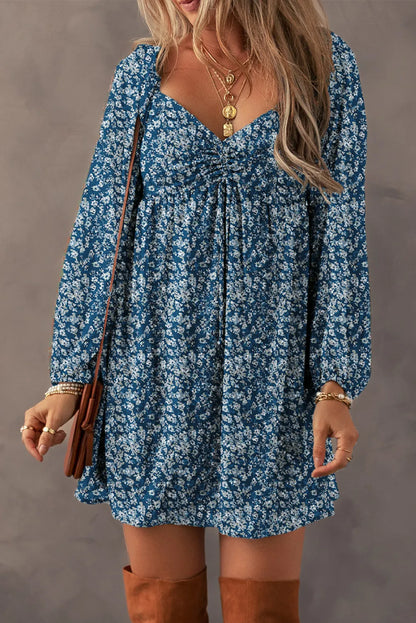 Ruched Fall Floral Print Long Sleeve Mini Dress