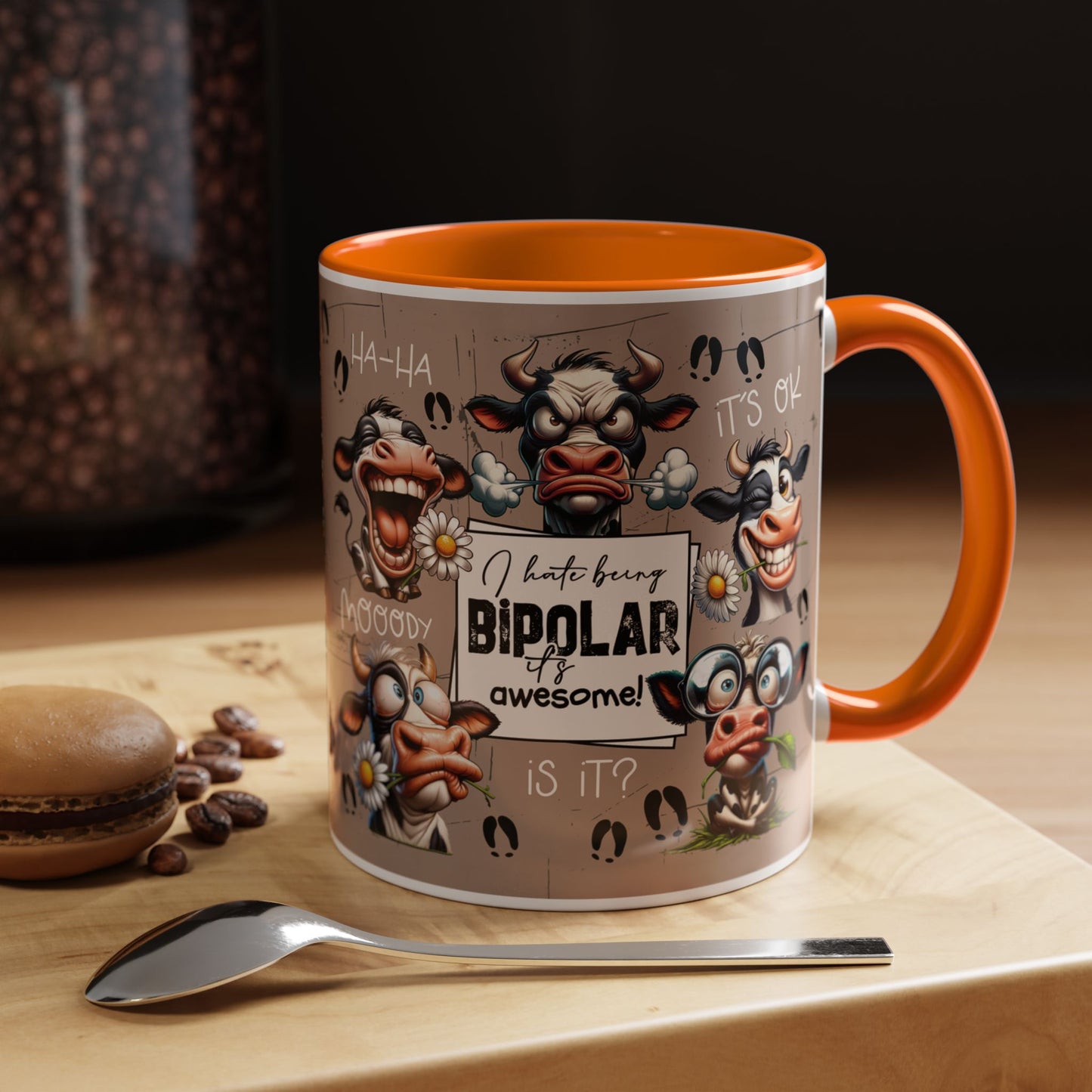 Bipolar Cow Funny Accent Coffee Mug — Humorous Mood-Flip Cow (11oz)