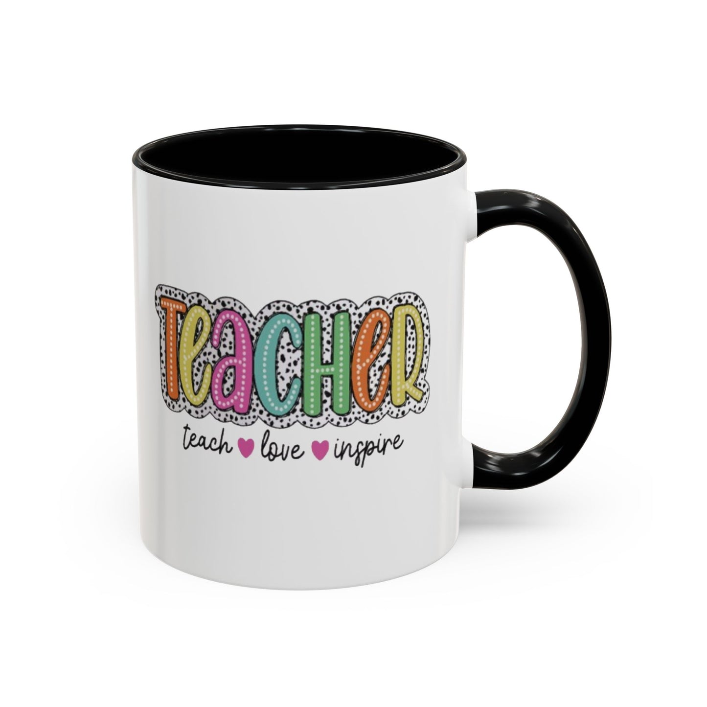 Teacher Coffee Mug - "Teacher" Colorful Doodle Design, Teach • Love • Inspire Accent Mug (11oz/15oz)