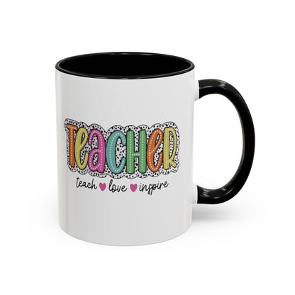 Teacher Coffee Mug - "Teacher" Colorful Doodle Design, Teach • Love • Inspire Accent Mug (11oz/15oz)