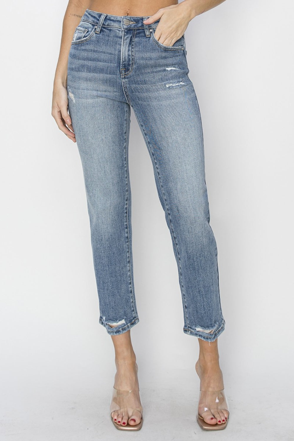 RISEN  High Waist Distressed Cropped Jeans