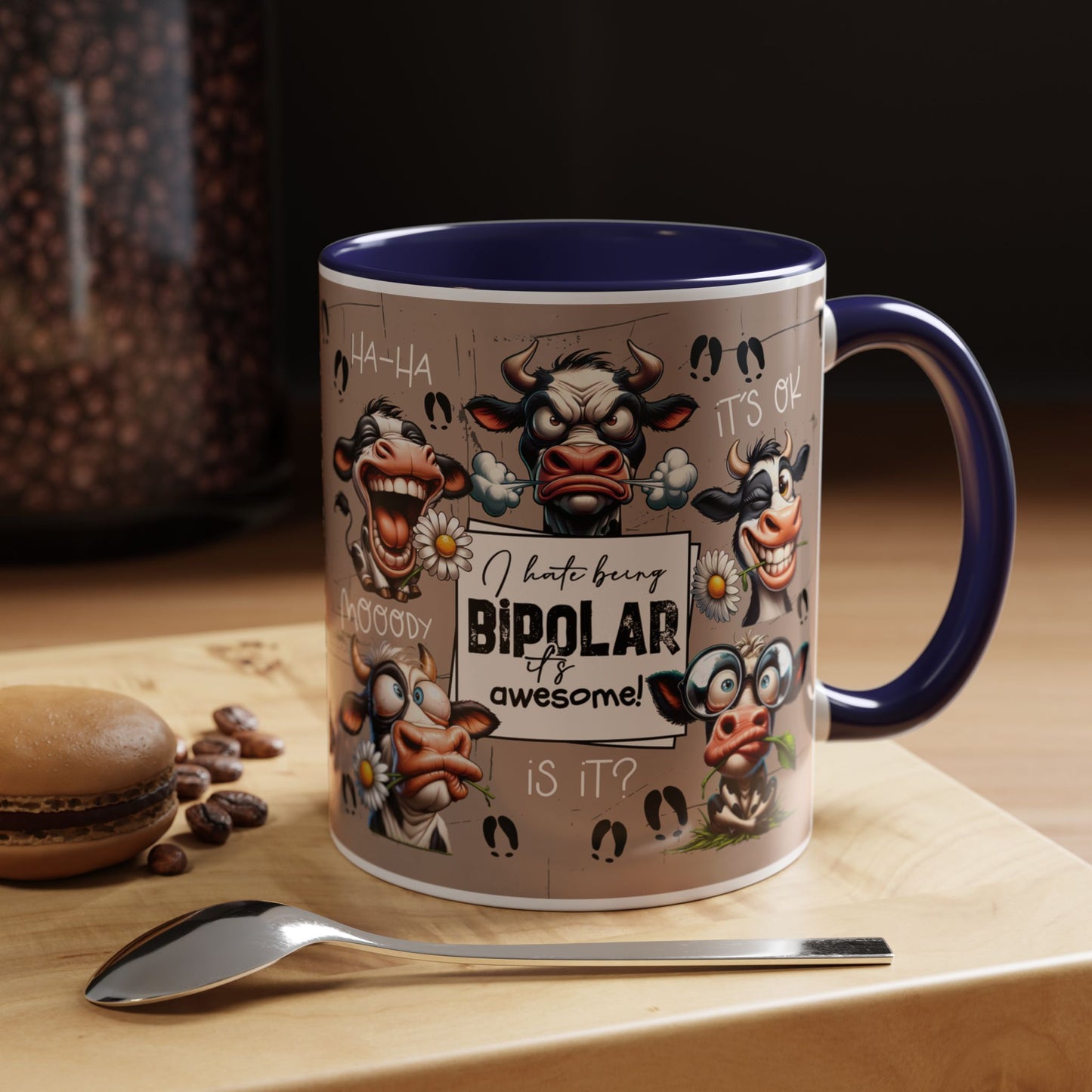 Bipolar Cow Funny Accent Coffee Mug — Humorous Mood-Flip Cow (11oz)