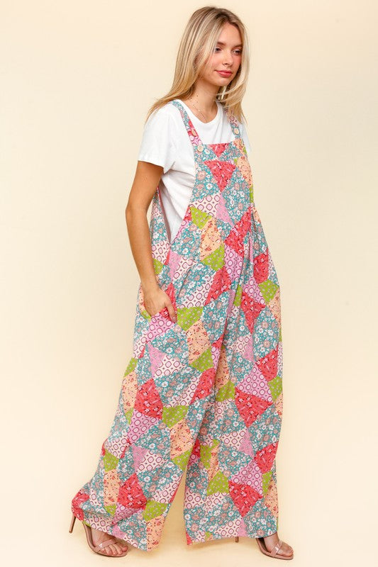 Haptics Printed Wide Leg Overalls with Side Pockets