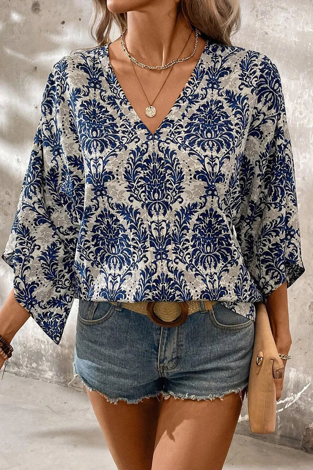 Blue Vintage Print Three-Quarter Sleeve Blouse