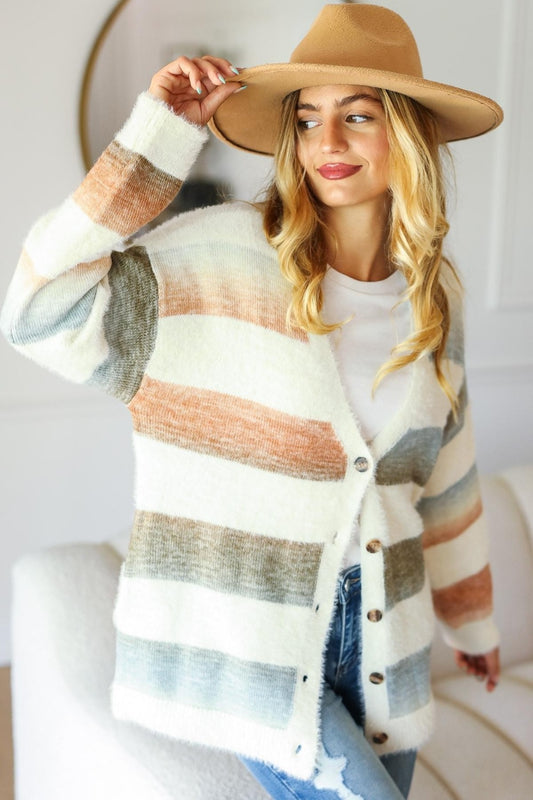 Haptics Stripe Soft Fuzzy Sweater Cardigan