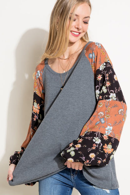 Floral Mixed Puff Long Sleeve Top-Plus