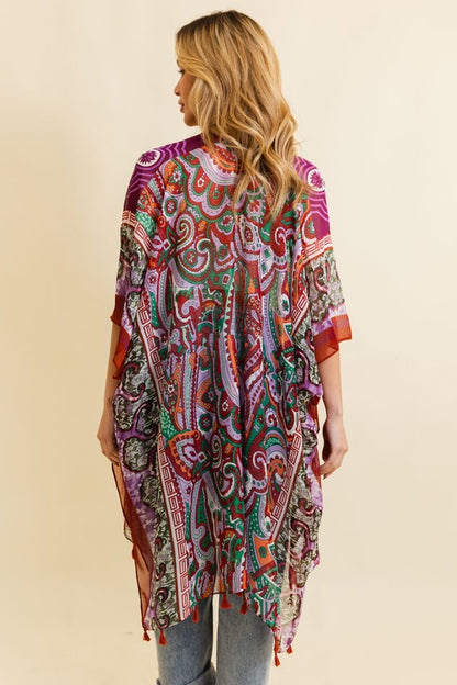 Paisley Printed Open Front Kimono w/ Cinched Arms