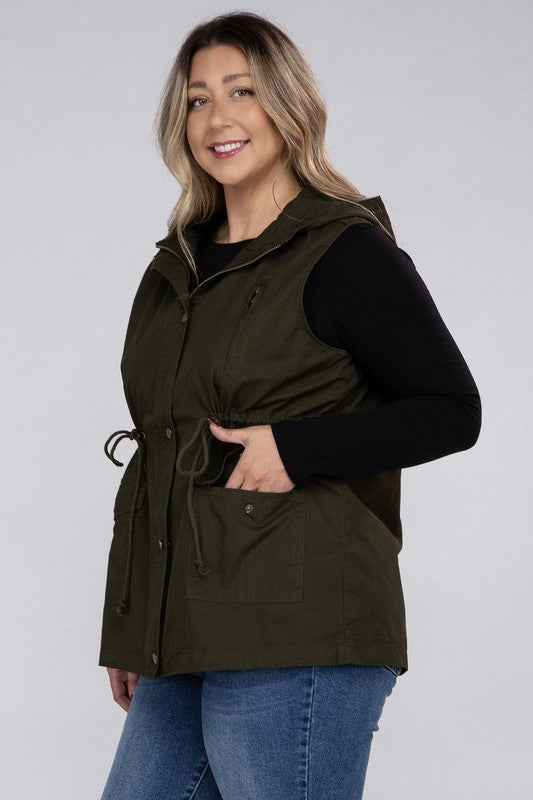 Drawstring Waist Military Hoodie Vest-Plus