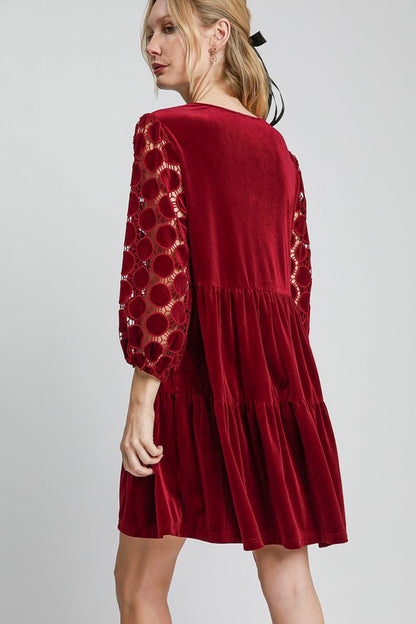 Umgee Dotted Lace Sleeve Velvet Mini Dress