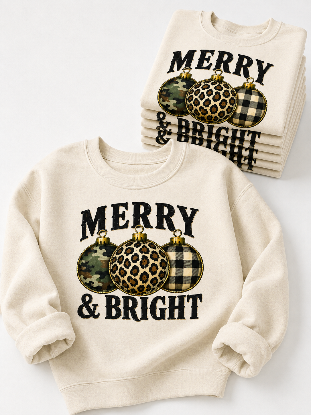 Merry & Bright Camo Leopard Check Bulbs Graphic Sweatshirt