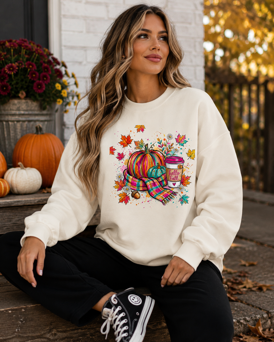 Colorful Hello Fall Graphic Crewneck Sweatshirt