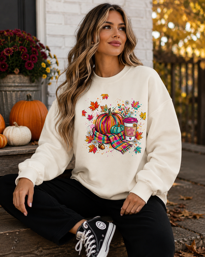 Colorful Hello Fall Graphic Crewneck Sweatshirt