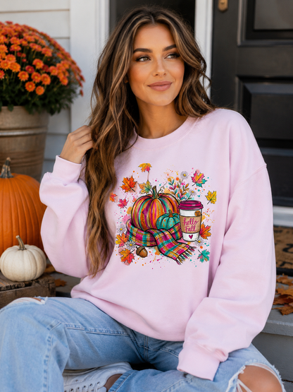 Colorful Hello Fall Graphic Crewneck Sweatshirt