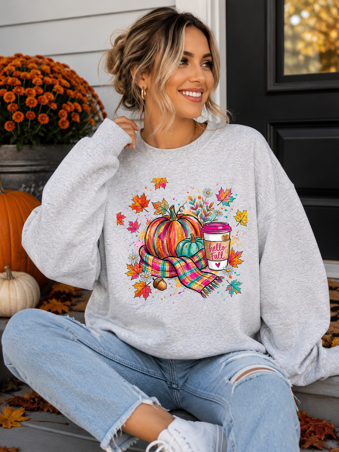 Colorful Hello Fall Graphic Crewneck Sweatshirt