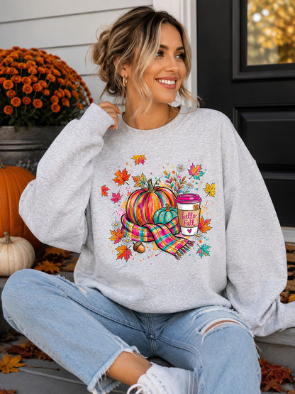 Colorful Hello Fall Graphic Crewneck Sweatshirt