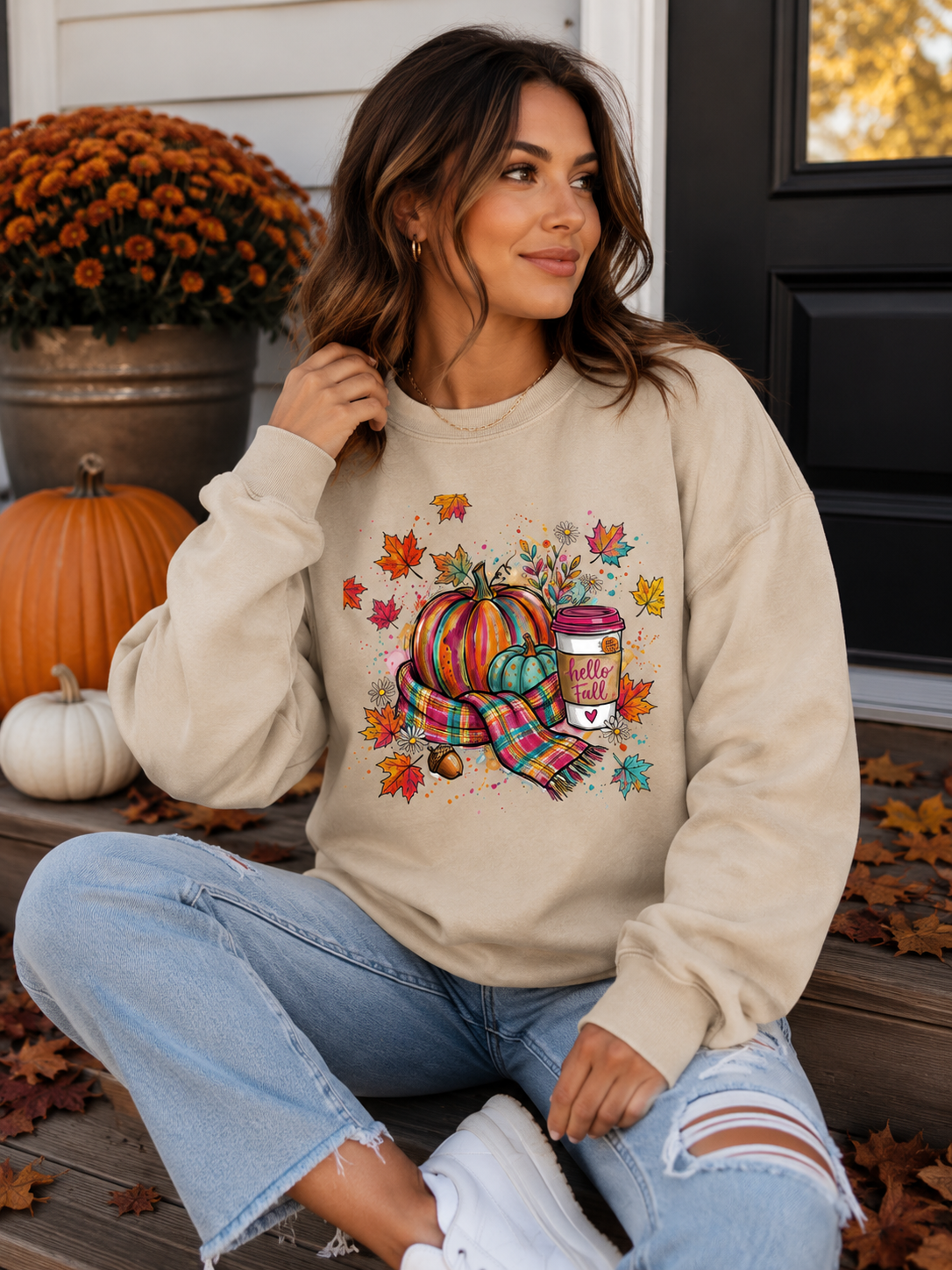 Colorful Hello Fall Graphic Crewneck Sweatshirt