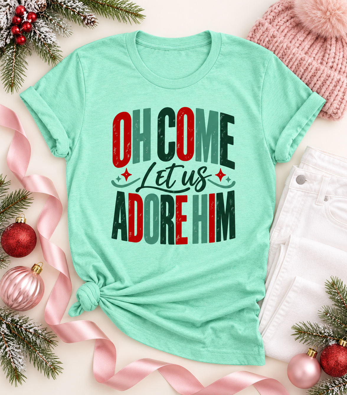 Colorful Oh Come Let Us Adore Him Bella Canvas Graphic Tee