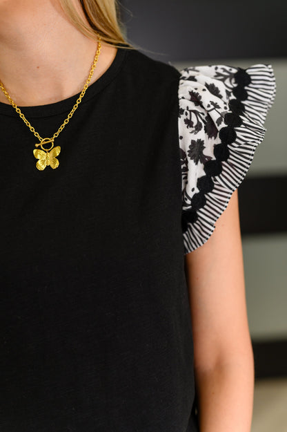 Contrast Flutter Sleeve Top in Black