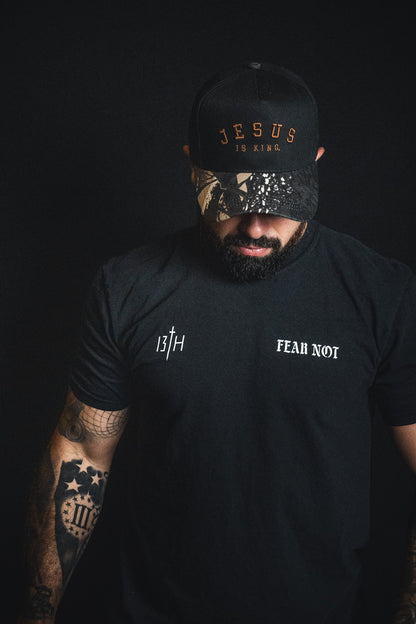 Jesus is King - Black and Darkwood Camo Snapback