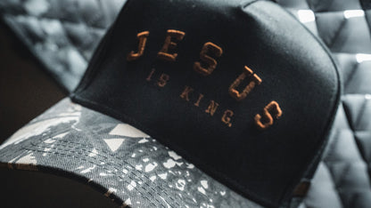 Jesus is King - Black and Darkwood Camo Snapback