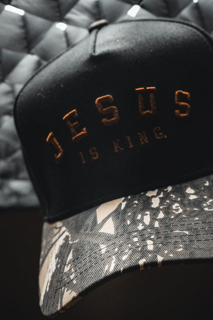 Jesus is King - Black and Darkwood Camo Snapback