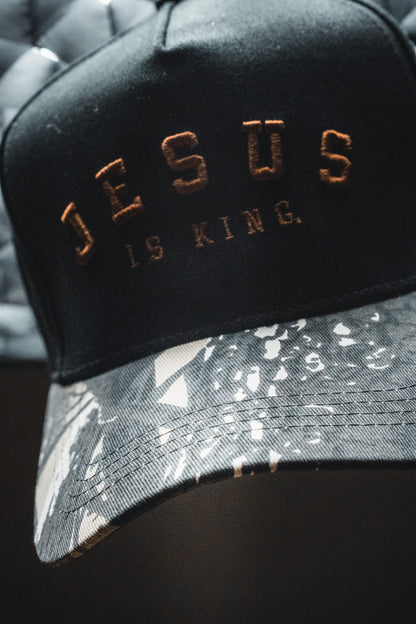 Jesus is King - Black and Darkwood Camo Snapback