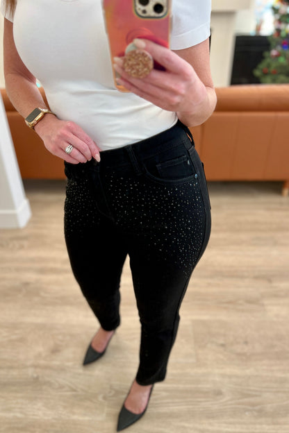 Reese Rhinestone Slim Fit Judy Blue Jeans in Black