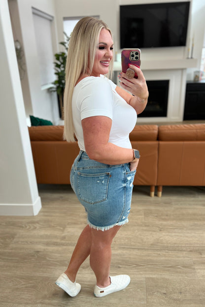 Kara High Rise Rigid Magic Tummy Control Button Fly Judy Blue Cutoff Shorts