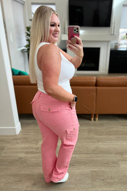 Peggy High Rise Cargo Straight Jeans in Pink by Judy Blue