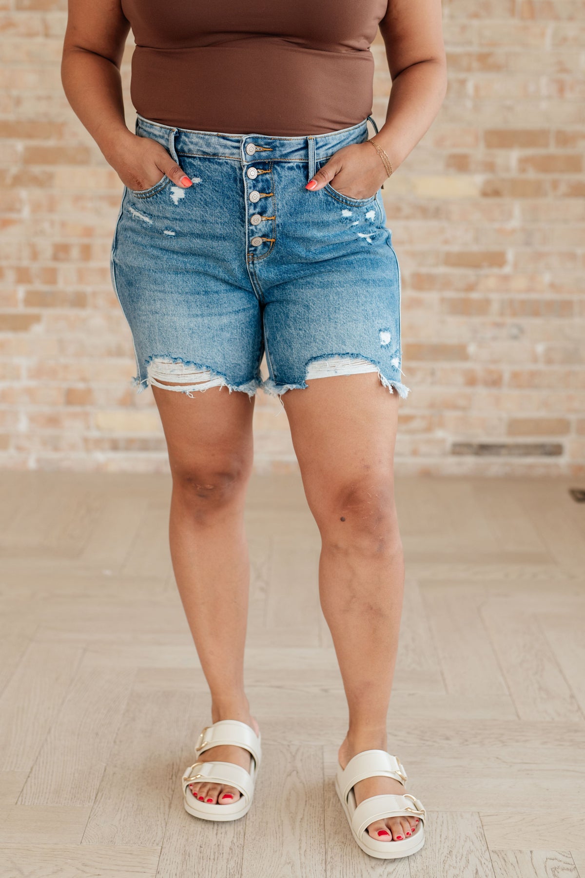 Kara High Rise Rigid Magic Tummy Control Button Fly Judy Blue Cutoff Shorts