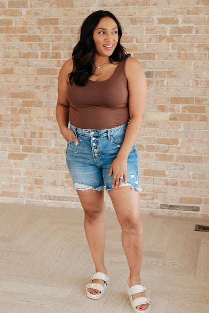 Kara High Rise Rigid Magic Tummy Control Button Fly Judy Blue Cutoff Shorts