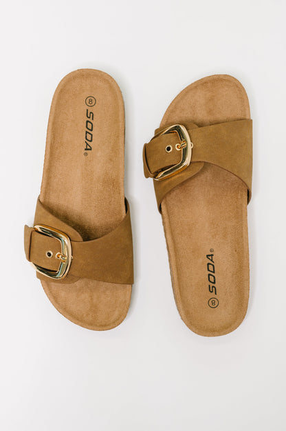 Lizzy Slip On Buckle Strap Sandal in Tan