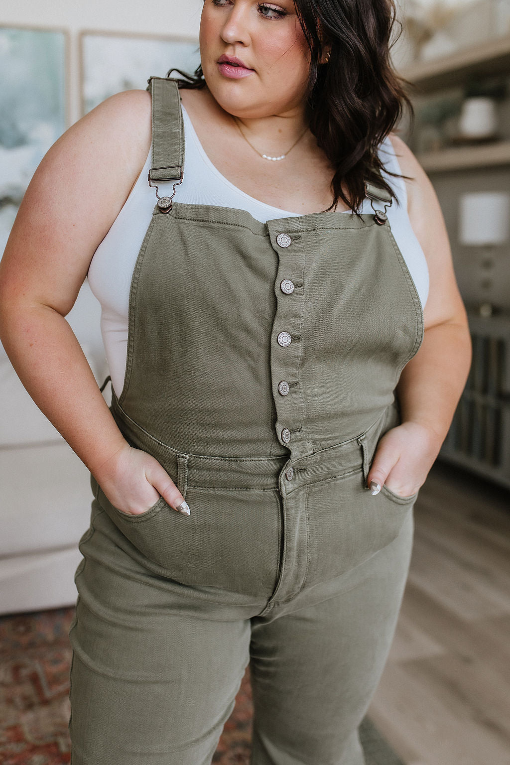 Olivia Control Top Release Hem Judy Blue Overalls in Olive