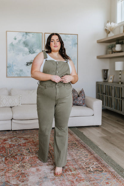Olivia Control Top Release Hem Judy Blue Overalls in Olive