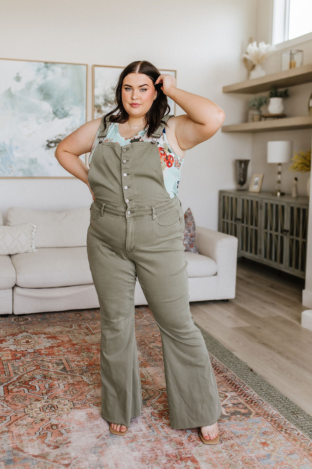 Olivia Control Top Release Hem Judy Blue Overalls in Olive