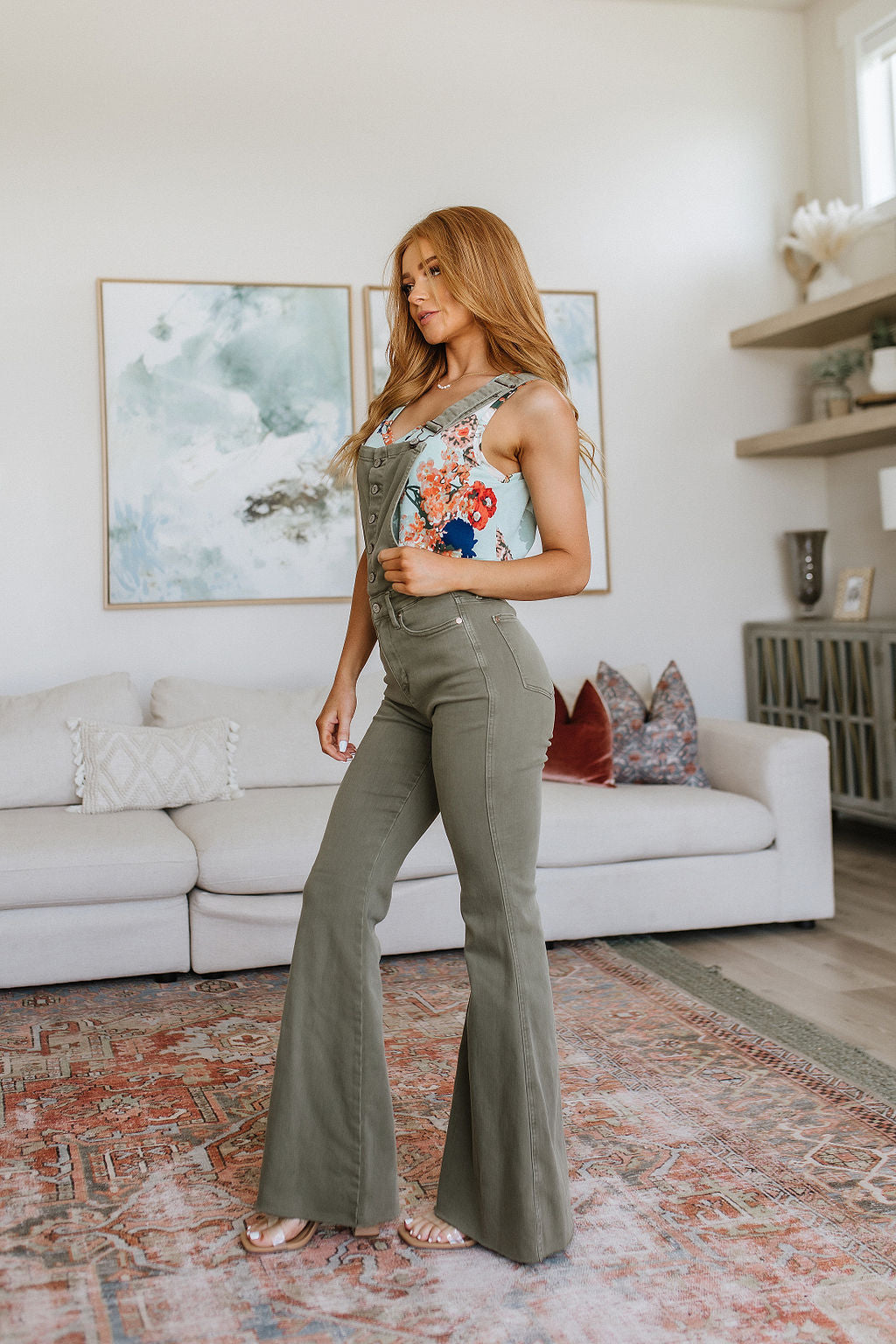 Olivia Control Top Release Hem Judy Blue Overalls in Olive
